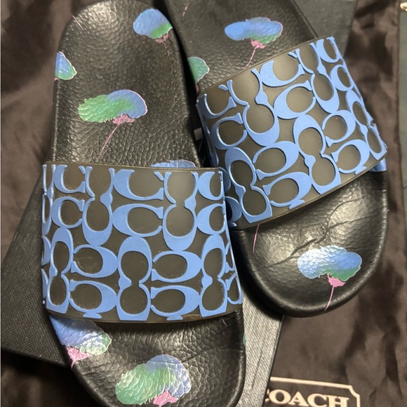 Coach Signature C Print Slides – Blue & Black with Floral Footbed - Picture 1 of 5